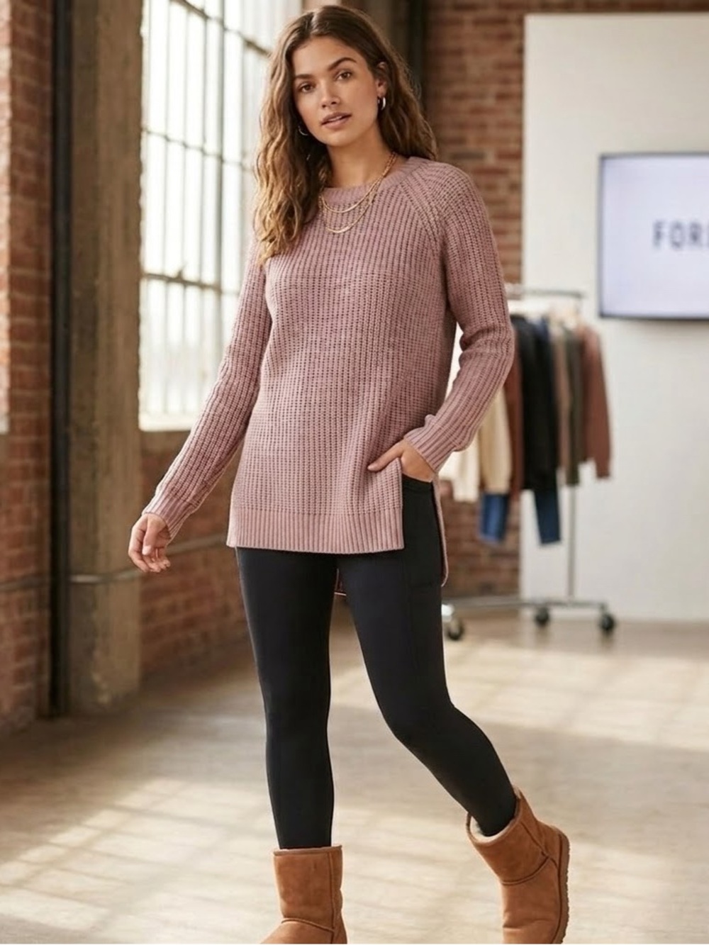 Forever 21 Light Pink Ribbed Knit Tunic Sweater
